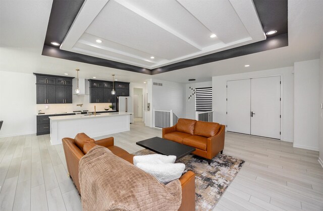 living room featuring a raised ceiling and light hardwood / wood-style floors