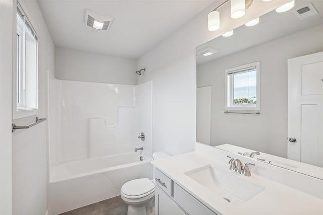 full bathroom featuring vanity, toilet, and shower / washtub combination