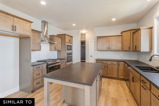 kitchen with sink, light hardwood / wood-style flooring, wall chimney exhaust hood, decorative backsplash, and stainless steel appliances