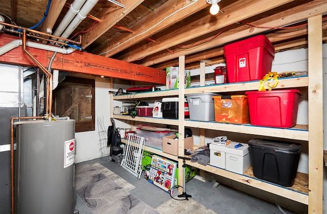 storage area featuring water heater