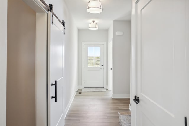 doorway to outside with a barn door and light hardwood / wood-style flooring