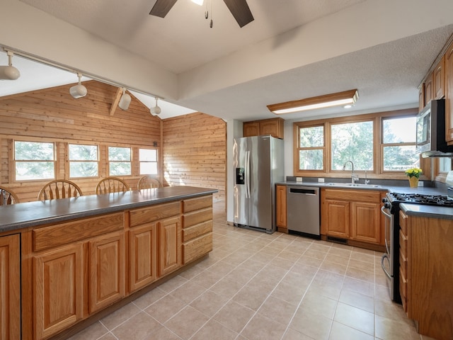 kitchen featuring appliances with stainless steel finishes, track lighting, wooden walls, and plenty of natural light