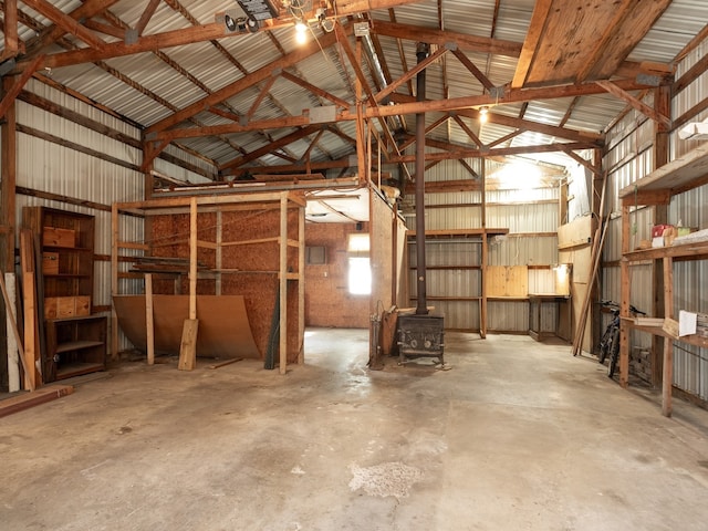 garage with a wood stove