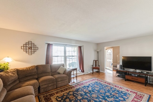 living room featuring wood-type flooring and a textured ceiling