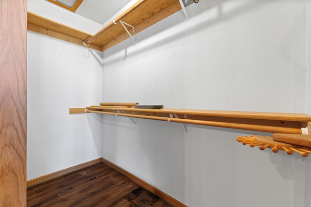 walk in closet with dark wood-type flooring