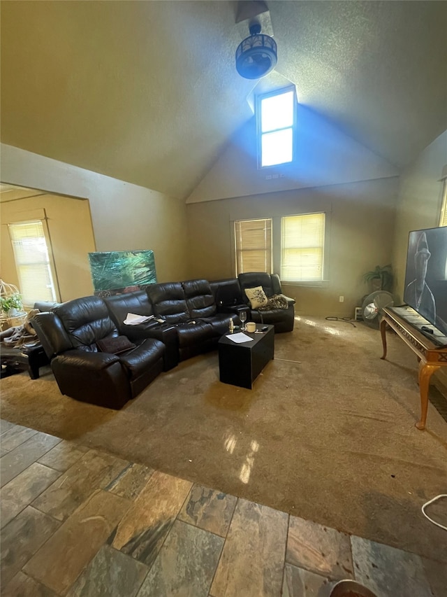 carpeted living room with high vaulted ceiling and a textured ceiling