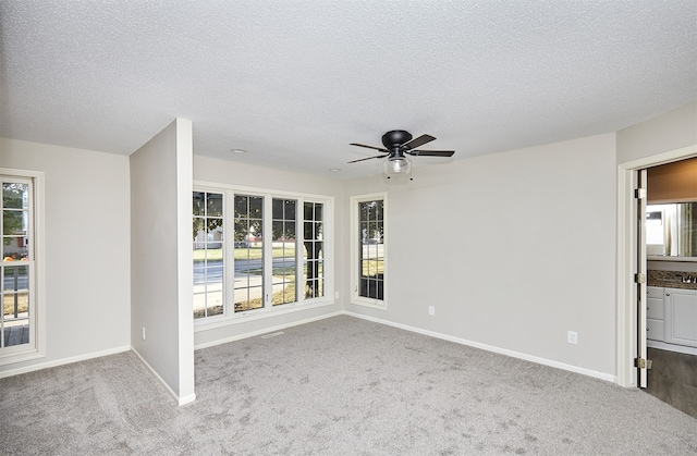 carpeted spare room featuring ceiling fan, a textured ceiling, and plenty of natural light