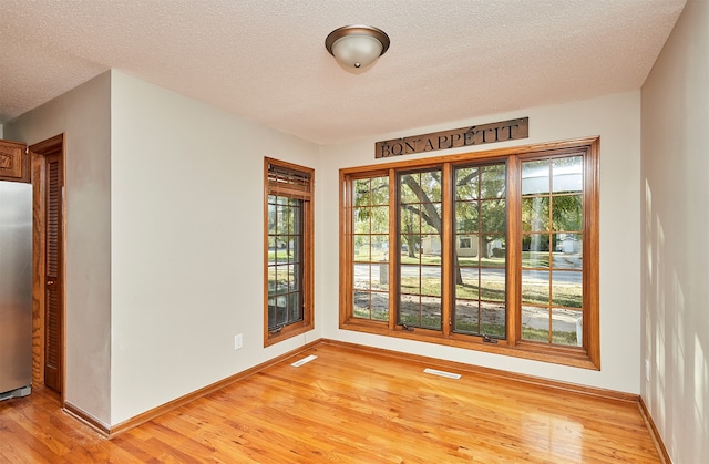 spare room with light hardwood / wood-style flooring, a wealth of natural light, and a textured ceiling