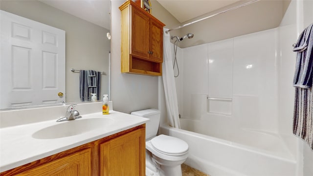 full bathroom featuring shower / bathtub combination with curtain, vanity, and toilet