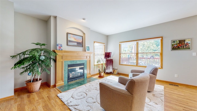 living room with a fireplace and light hardwood / wood-style flooring