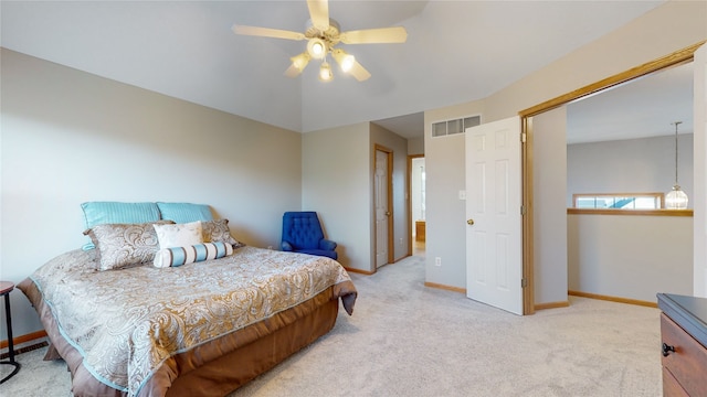 bedroom with ceiling fan and carpet flooring