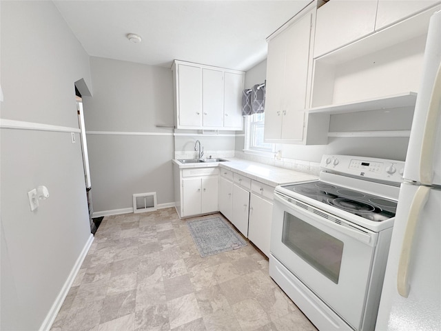 kitchen featuring white cabinets, white appliances, and sink