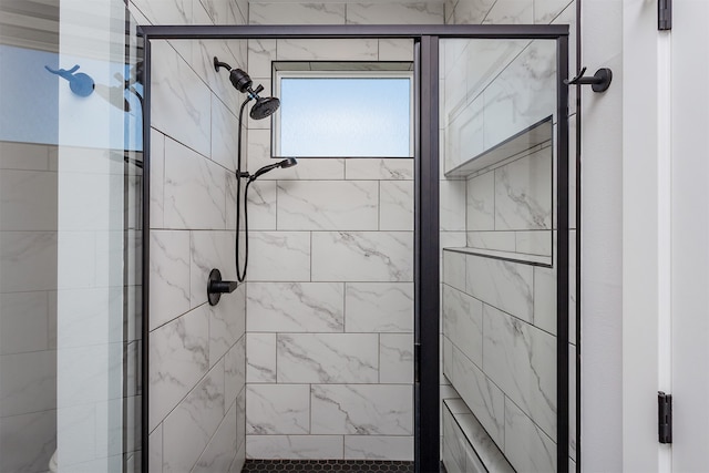 bathroom featuring a shower with shower door