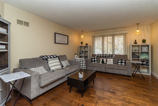 living room with dark hardwood / wood-style flooring