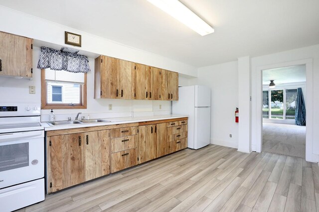 kitchen with white appliances, light hardwood / wood-style flooring, sink, and plenty of natural light