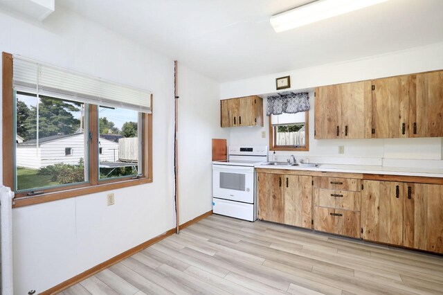 kitchen with sink, white electric range, and light hardwood / wood-style floors