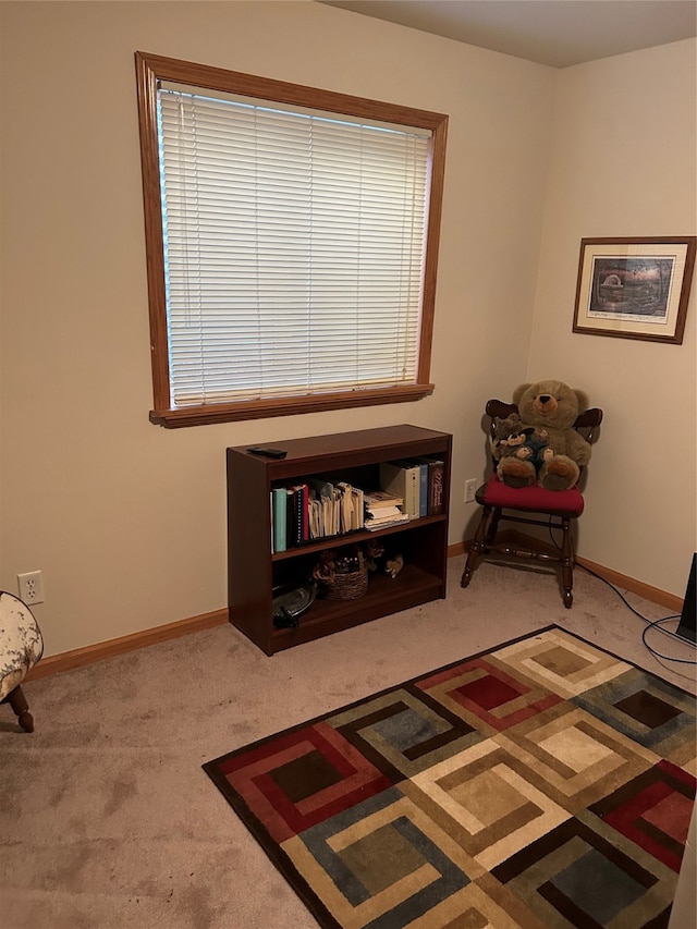 sitting room with a wealth of natural light and carpet floors