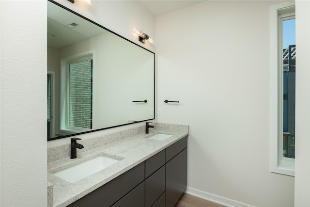 bathroom with vanity and hardwood / wood-style floors