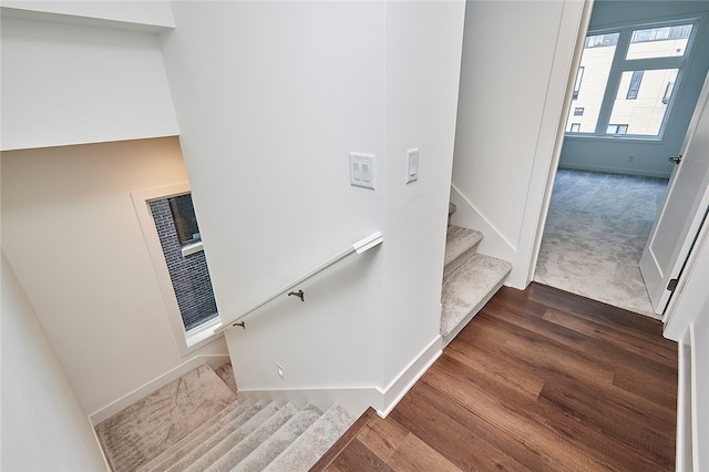 stairs with hardwood / wood-style flooring