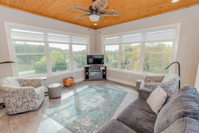 living room featuring light tile patterned flooring, ceiling fan, and wooden ceiling