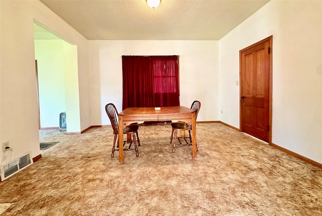 carpeted dining area with a textured ceiling