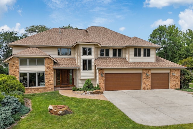 view of front of house with a front yard and a garage