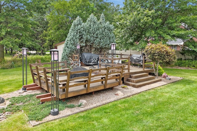 wooden terrace with an outdoor living space and a lawn