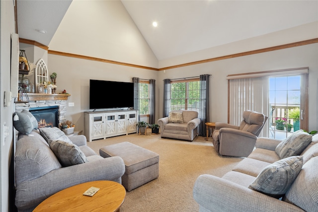 living room featuring light carpet, high vaulted ceiling, and a fireplace