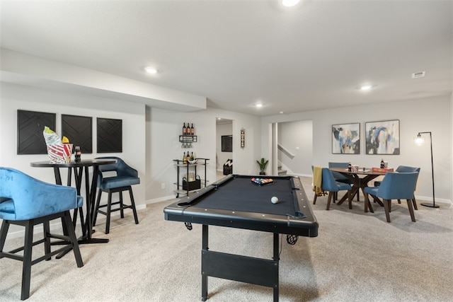 game room featuring light colored carpet and billiards