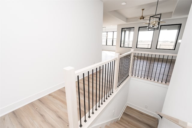 stairs with ceiling fan, hardwood / wood-style floors, and a raised ceiling