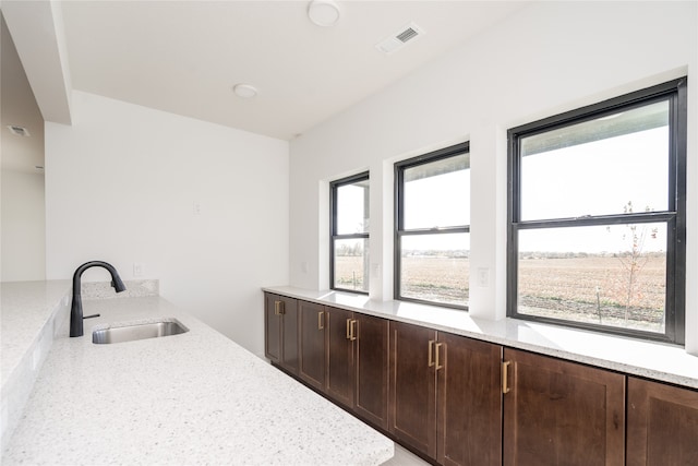 interior space with dark brown cabinets, light stone countertops, plenty of natural light, and sink