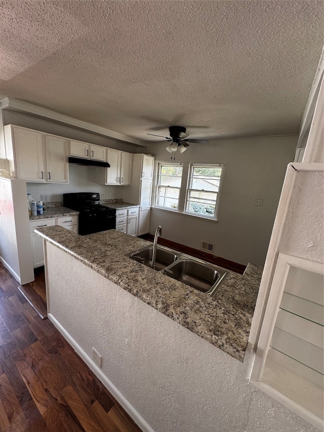 kitchen with dark hardwood / wood-style floors, black electric range, a textured ceiling, and sink