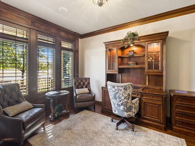 home office featuring ornamental molding, a textured ceiling, and dark hardwood / wood-style flooring