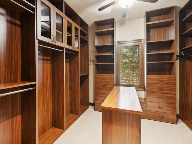 spacious closet featuring ceiling fan and light colored carpet