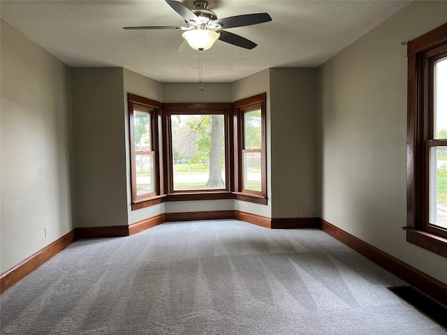 empty room with plenty of natural light, a textured ceiling, and light carpet