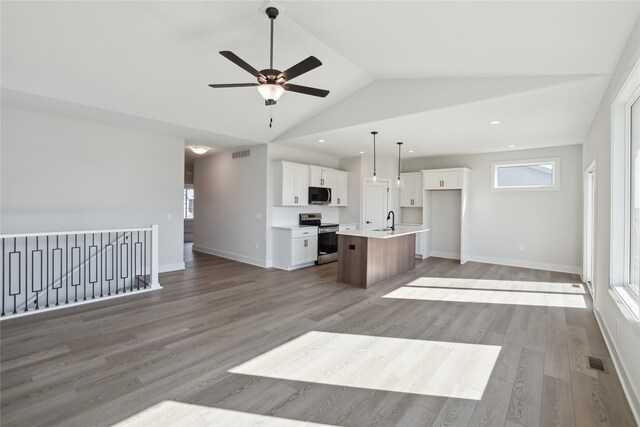 kitchen with a wealth of natural light, an island with sink, stainless steel appliances, and white cabinetry