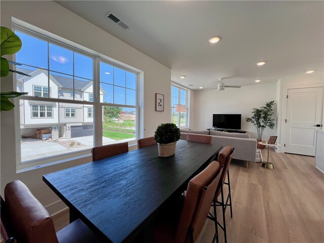 dining room with light hardwood / wood-style floors and ceiling fan