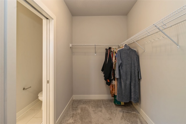 walk in closet featuring light carpet