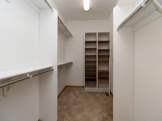 spacious closet featuring light colored carpet