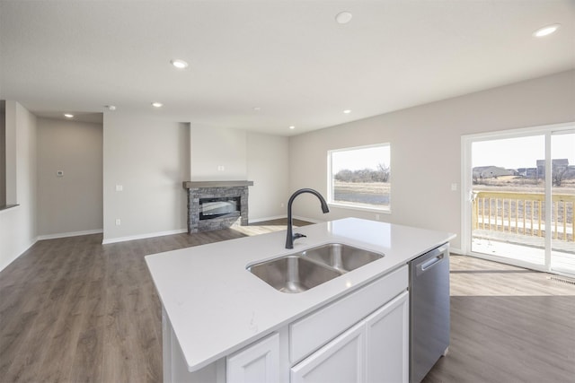 kitchen featuring stainless steel dishwasher, a stone fireplace, plenty of natural light, and a sink