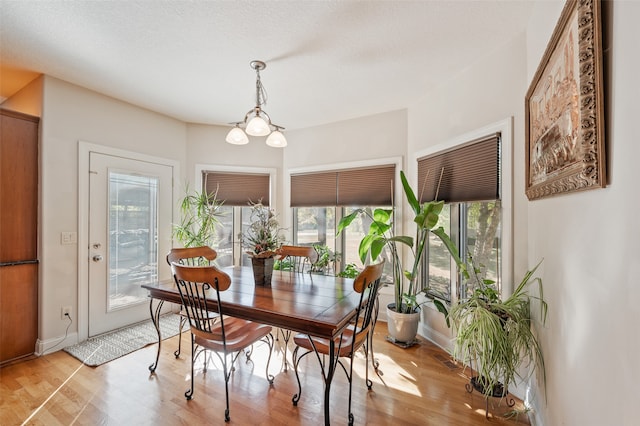 dining area with a textured ceiling, a healthy amount of sunlight, a chandelier, and light wood-type flooring