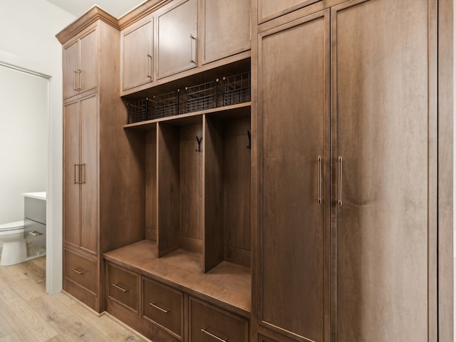 mudroom with light hardwood / wood-style flooring