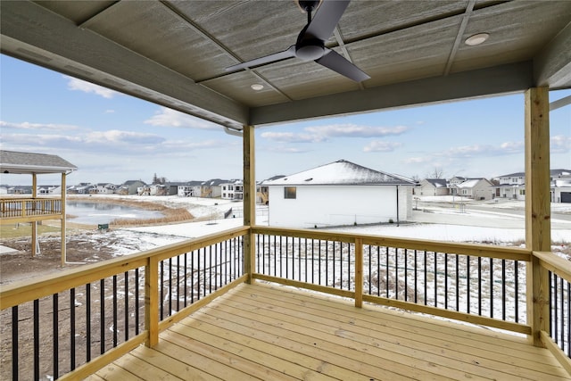 snow covered deck with ceiling fan