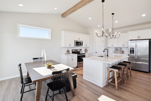 kitchen with light hardwood / wood-style flooring, white cabinets, a center island with sink, and stainless steel appliances