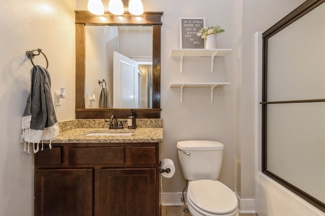 full bathroom with toilet, vanity, shower / bath combination with glass door, and tile patterned flooring