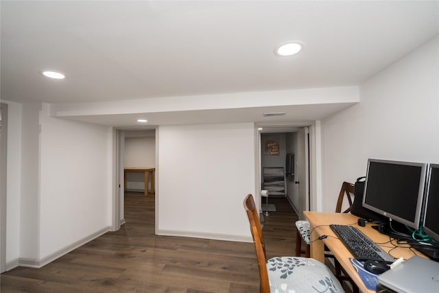 office area with dark hardwood / wood-style flooring