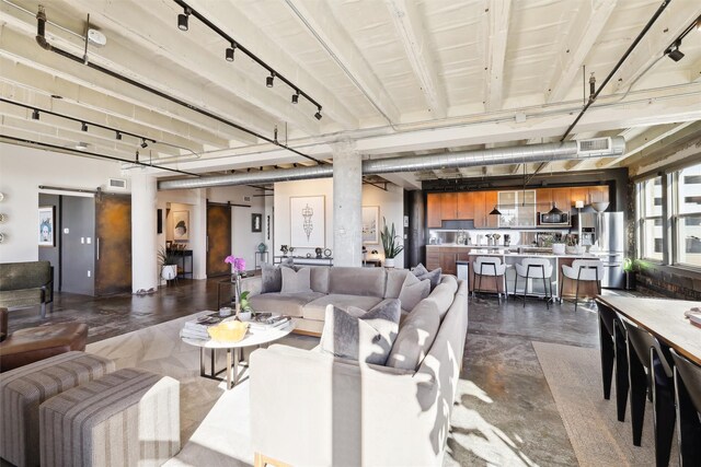 living room featuring a barn door