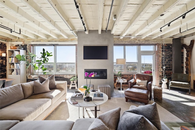 living room with beamed ceiling, a healthy amount of sunlight, and rail lighting