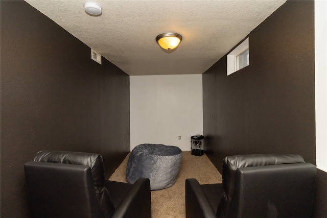 home theater room featuring a textured ceiling and carpet