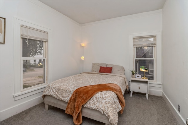 bedroom with crown molding, multiple windows, and carpet